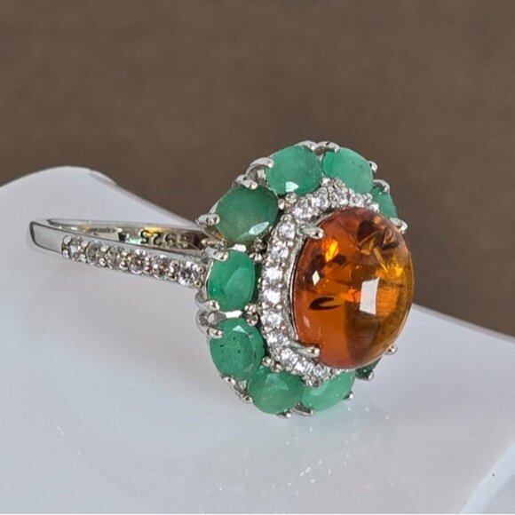 925 Sterling Silver Ring with Natural Amber & Emerald Gemstones - Picture 3 of 15